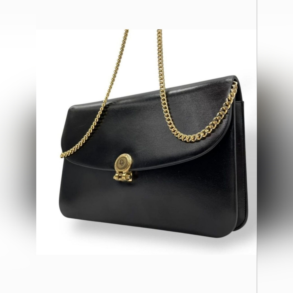 Auth Christian Dior Black and Smooth chain Flap Shoulder Bag